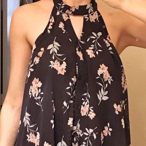 Dark blue Floral Chiffon Blouse with button neck